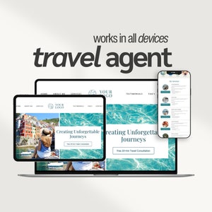 May include: A website mockup for a travel agent business. The website is shown on a laptop, tablet, and smartphone. The website features a blue and green color scheme with a photo of a beach and a woman sitting on a wall. The website text includes "Creating Unforgettable Journeys" and "Free 20-min Travel Consultation".