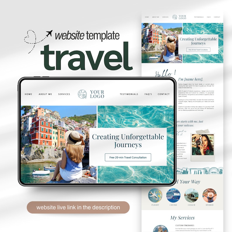 May include: Website template for a travel agency. The website features a colorful image of a seaside town with a woman sitting on a rock. The text "Creating Unforgettable Journeys" is displayed on the website.
