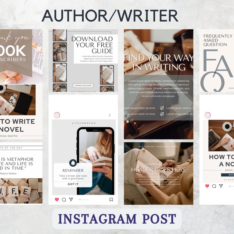 以下が含まれることがあります： 作家やライター向けのInstagram投稿のコラージュ。投稿には、執筆のヒント、無料ガイドのダウンロード、良い本を読んで休憩を取るように促すリマインダーが含まれています。「Find Your Way in Writing」というテキストが投稿の1つに表示されています。