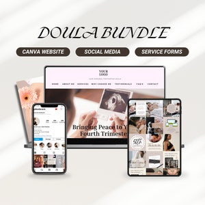 Puede incluir: Un paquete de marketing digital para doulas, que incluye una plantilla de sitio web de Canva, gráficos para redes sociales y formularios de servicio. La plantilla del sitio web presenta un esquema de color rosa y blanco con el texto "Bringing Peace to Your Fourth Trimester". Los gráficos de redes sociales son un collage de imágenes en un esquema de color neutro con texto como "Doula Bag" y "Your Night Love". Los formularios de servicio son un conjunto de documentos con un esquema de color neutro.