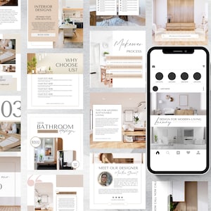 May include: A collage of images showcasing interior design services. The images feature various rooms, including a living room, bedroom, and bathroom. The text in the images includes "Interior Designs", "Why Choose Us?", "New Bathroom Design", "Makeover Process", and "Design for Modern Living Luxury".