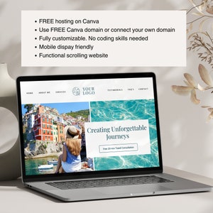 May include: A laptop computer displaying a website for a travel agency. The website features a photo of a colorful Italian village, a woman in a straw hat, and a blue ocean. The text on the website reads "Creating Unforgettable Journeys" and "Free 20-min Travel Consultation".