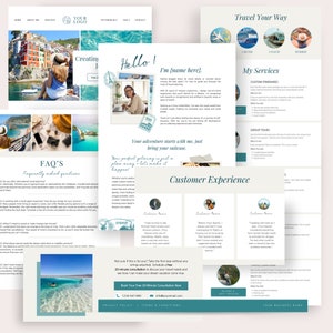 May include: A website homepage for a travel agency. The website features a photo of a woman in front of a laptop, a photo of a woman in a colorful town, and a photo of a woman on a beach. The website also includes text that says "Travel Your Way", "Creating Journeys", "Hello! I'm (name here)", "Your adventure starts with me, just bring your suitcase.", "Your perfect getaway is just a plan away - let's make it happen.", "Customer Experience", "My Services", "Custom Itineraries", "Group Tours", "FAQ's", "Frequently asked questions", "Not sure if this is for you? Take the first step without any strings attached. Schedule a free 20-minute consultation to discuss your travel needs and see how I can make your dream vacation come true. Book Your Free 20-Minute Consultation Now", "1234-567-850", "info@youremail.com", "Privacy Policy", "Terms & Conditions", and "Your Business Name".