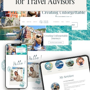 May include: Website template for travel advisors, featuring a colorful collage of images with the text "Creating Unforgettable Journeys". The website design includes a navigation bar with links to "Home", "About Me", "Services", "Testimonials", "FAQ", "Contact", and a button that says "Get a Free Consultation".