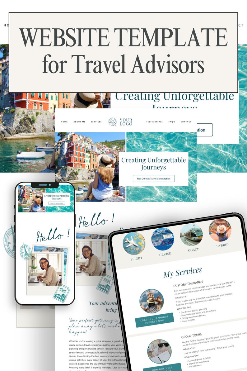 May include: Website template for travel advisors, featuring a colorful collage of images with the text "Creating Unforgettable Journeys". The website design includes a navigation bar with links to "Home", "About Me", "Services", "Testimonials", "FAQ", "Contact", and a button that says "Get a Free Consultation".