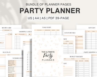 May include: A printable party planner with 39 pages, including a recipe card, shopping list, task chart, guest details, gift list, seat plan, vendor contact list, and budget tracker. The planner is designed with a beige and white color scheme and features a decorative pattern of stars and confetti.