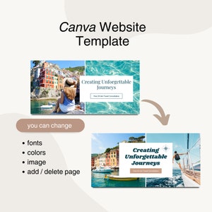 May include: A website template for a travel agency with a blue and white water background and a photo of a colorful Italian town. The text on the template reads "Creating Unforgettable Journeys" and "Free 20-min Travel Consultation".
