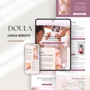 May include: Website mockup for a doula service. The website features a pink and white color scheme with images of pregnant women and a baby. The text on the website includes the words "Doula", "Canva Website", "Bringing Peace to Your Fourth Trimester", "New Mom Care", "Sleep Training", "Why Choose Me", "Personalized Care", and "Expert Guidance".