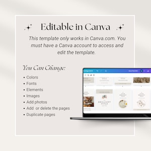 May include: A laptop screen displaying a Canva design template with the text "Editable in Canva". The template is for a social media cover pack and includes a variety of design elements, such as text boxes, images, and colors. The text "You Can Change" is listed with bullet points of customizable features, including colors, fonts, elements, images, add photos, add or delete pages, and duplicate pages.