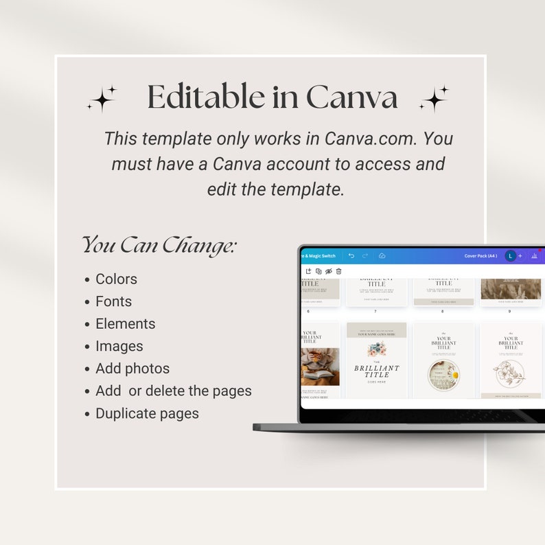 May include: A laptop screen displaying a Canva design template with the text "Editable in Canva". The template is for a social media cover pack and includes a variety of design elements, such as text boxes, images, and colors. The text "You Can Change" is listed with bullet points of customizable features, including colors, fonts, elements, images, add photos, add or delete pages, and duplicate pages.