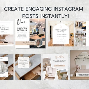 May include: A collage of nine Instagram post templates for interior designers. The templates feature images of modern homes, furniture, and decor, along with text that promotes interior design services and a giveaway. The text includes phrases like "Our Modern Designs", "Interior Design Checklist", "Good Vibes", and "Make Your Home Beautiful!"