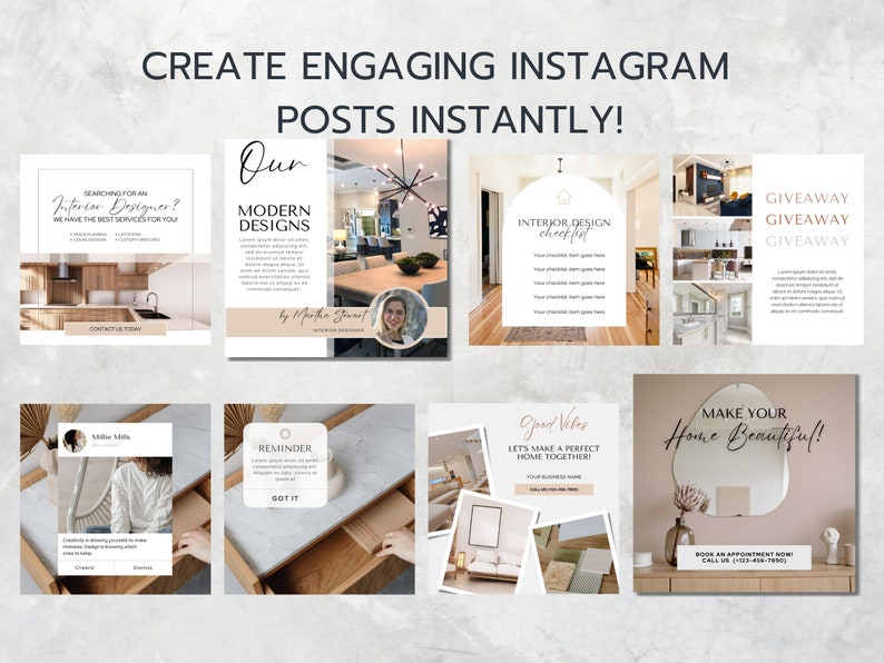 May include: A collage of nine Instagram post templates for interior designers. The templates feature images of modern homes, furniture, and decor, along with text that promotes interior design services and a giveaway. The text includes phrases like "Our Modern Designs", "Interior Design Checklist", "Good Vibes", and "Make Your Home Beautiful!"