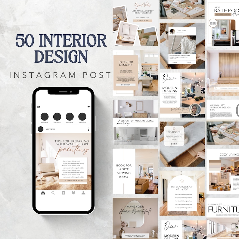 May include: A collage of 16 Instagram post templates for interior design. The templates feature images of rooms, furniture, and decor, along with text such as "Interior Designs", "Modern Designs", and "Make Your Home Beautiful!"