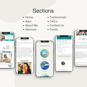May include: A website mockup for a travel agency with the text "Travel Your Way" and images of a plane and a cruise ship. The website also includes sections for home, alert, about me, services, testimonials, FAQ's, contact us, and footer.