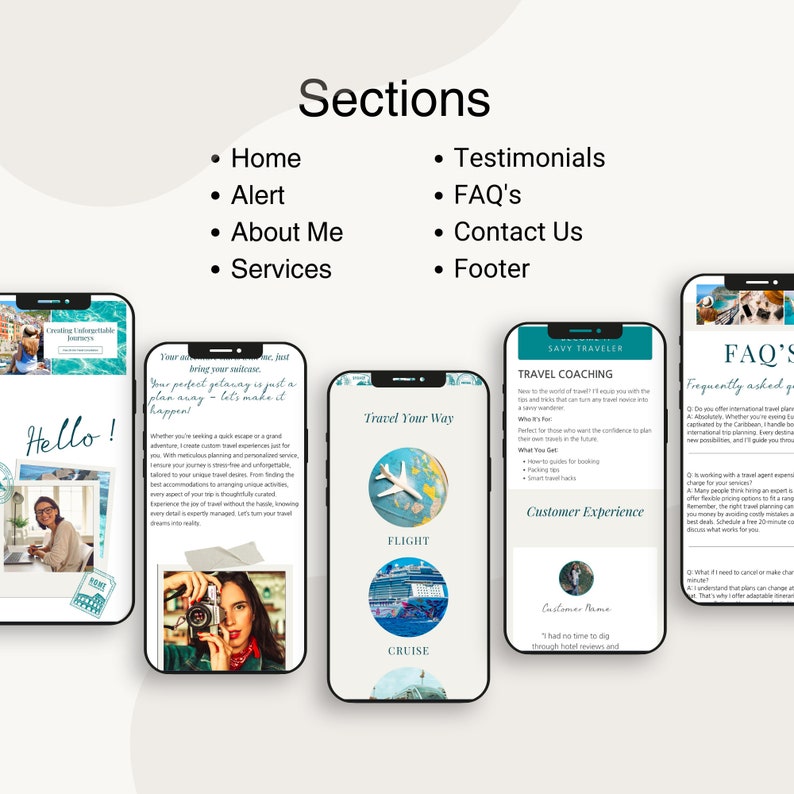 May include: A website mockup for a travel agency with the text "Travel Your Way" and images of a plane and a cruise ship. The website also includes sections for home, alert, about me, services, testimonials, FAQ's, contact us, and footer.