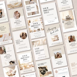 May include: A collection of social media templates featuring a neutral color palette with beige, white, and brown tones. The templates feature text that says "Your Brilliant Title" and "Amazing Book Title". Some templates feature images of women, flowers, and a camera.