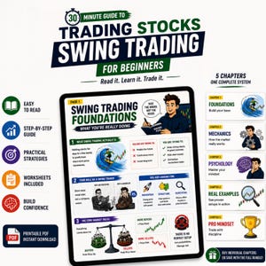 May include: A digital guide titled 30 Minute Guide to Trading Stocks Swing Trading for Beginners. The document features five chapters, including Foundations, Mechanics, Psychology, Real Examples, and Pro Mindset, with illustrations, charts, and text explaining swing trading concepts, market dynamics, and strategies for traders.