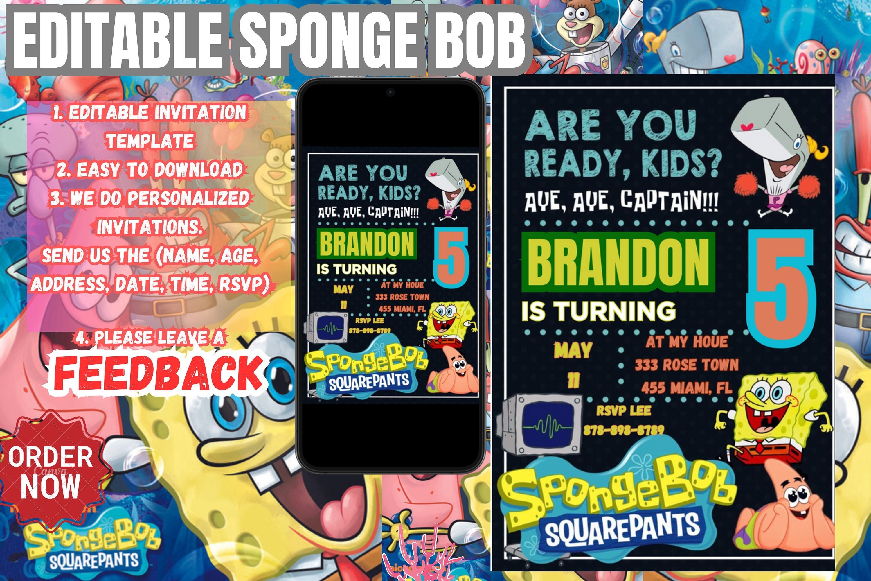 Editable Spongebob Birthday Invitation Template Printable Sponge Bob ...