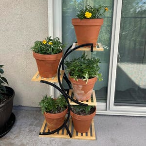 May include: A black metal plant stand with four tiers, each with a wooden shelf. The stand is holding five potted plants with yellow flowers. The stand is in front of a sliding glass door.