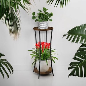 May include: A two-tiered plant stand with a dark brown wooden top and bottom, supported by black metal legs. The top tier holds a small potted plant with green leaves in a black and white patterned pot. The bottom tier has a white pot with red flowers.