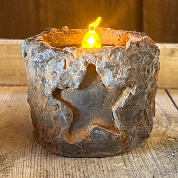 Blackened Beeswax Grubby Primitive Star Faux Candle LED Flicker Light