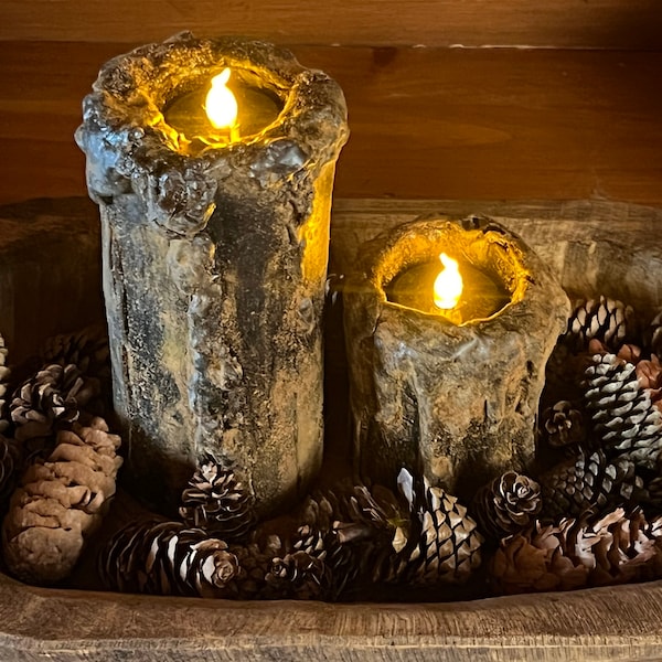 Blackened Beeswax Primitive Drippy Flameless Faux Candle LED Flicker Light with timer