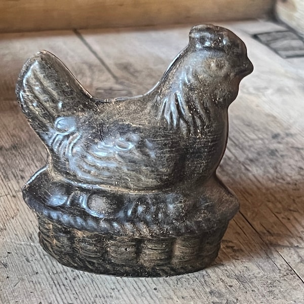 Blackened Beeswax Hen on Nest from Vintage Mold Ornament
