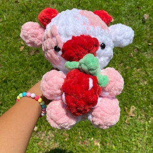 Crochet jumbo strawberry cow plushie, crochet plushie, crochet jumbo plushie, strawberry cow plushie, jumbo strawberry cow, crochet cow