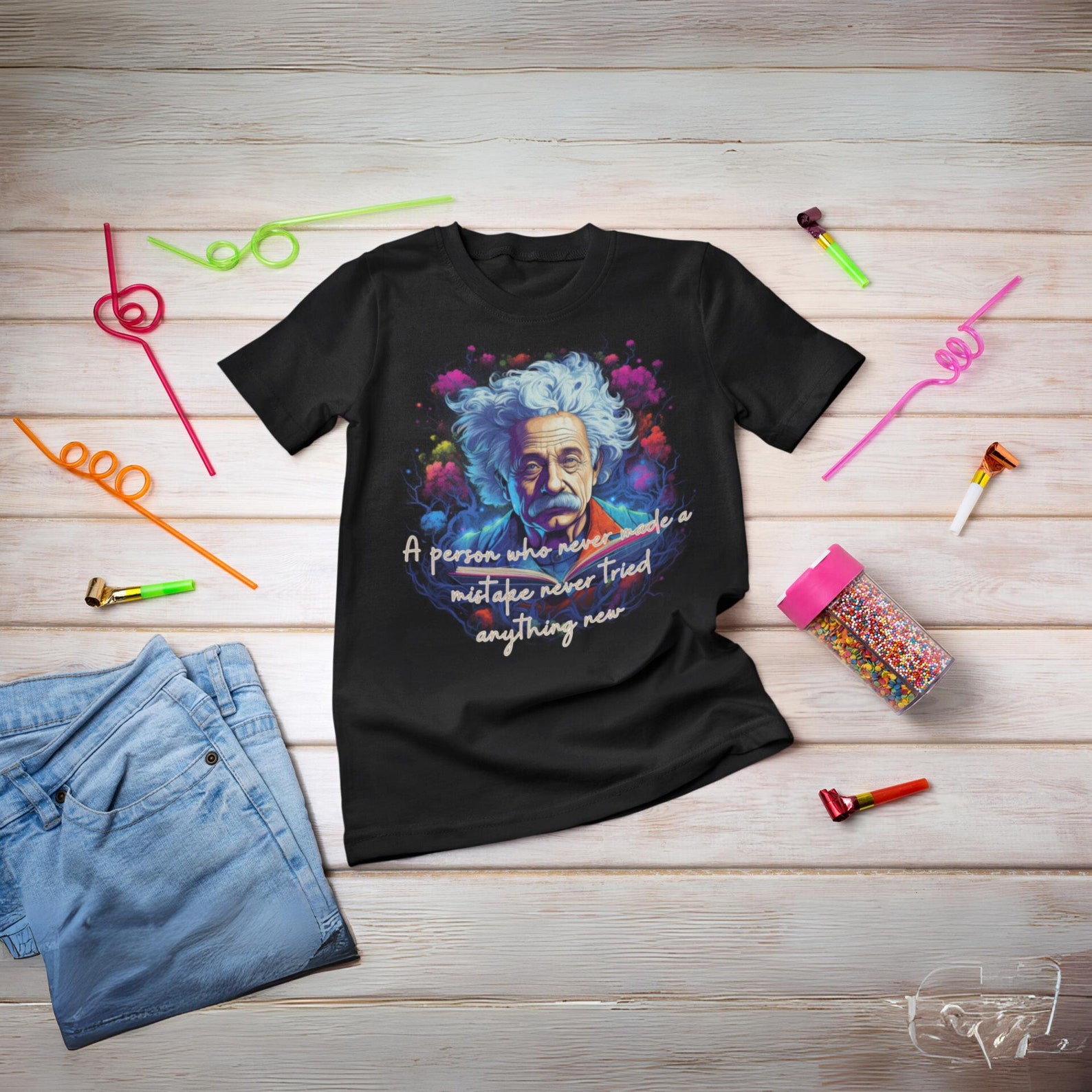 Mr. Einstein Quotes Crew Tee in Natural with Pink Print