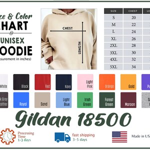 May include: Unisex hoodie size chart with measurements in inches. The chart shows chest and length measurements for sizes S through 5XL. The hoodie is shown in beige with a hood. Colour options include white, black, red, navy, light pink, orange, gold, purple, dark grey heather, royal blue, sand, light blue, Irish green, forest green, maroon, and sport grey.