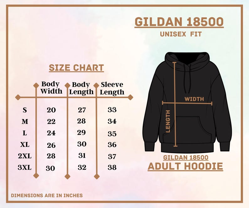May include: Size chart for a Gildan 18500 unisex adult hoodie. The chart shows body width, body length, and sleeve length in inches for sizes S through 3XL. A black hoodie is shown with measurements labelled for width and length.