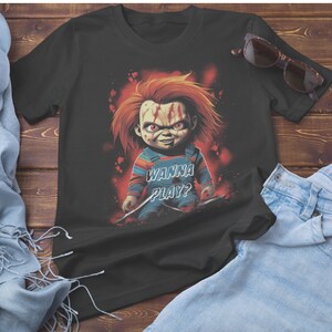 Chucky-shirt, Chucky Wanna Play-shirt, Halloween-shirt, trendy T-shirt, Childs Play-shirt, Chucky-T-shirt, cadeau voor hem shirt, cadeau voor haar shirt