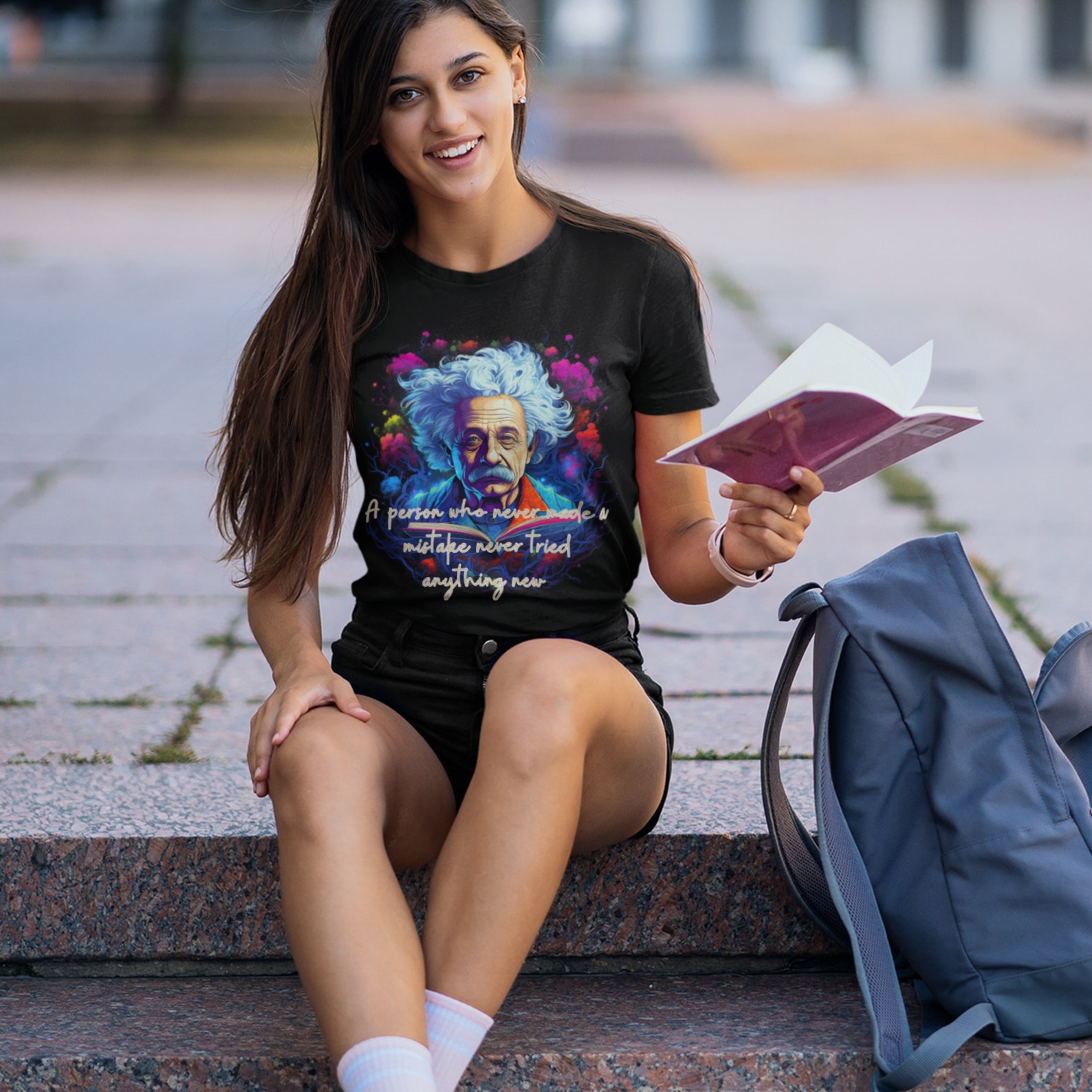 Mr. Einstein Quotes Crew Tee in Natural with Pink Print main image 1