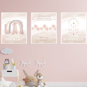 Islamic Nursery decor for baby girl, Muslim wall art for nursery, Islamic printable poster,Dua for morning and night,Bismillah,Alhamdulillah