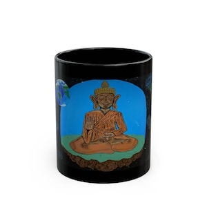 Serene Buddha Black Mug - Cosmic Meditation, Gift for Yogis, Tranquil Coffee Mug, Spiritual Drinkware, Mindfulness Decor