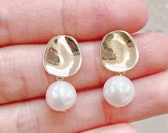 Pearl Earring Dangle Wedding, Pearl Gold Wedding Earrings, Gold and Pearl Earrings Wedding, Gold Pearl Earrings for Wedding