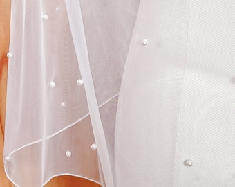 Bridal Veil Pearls Short, Scattered Pearl Veil, Simple Pearl Veil, Short Veil with Pearls for Bride