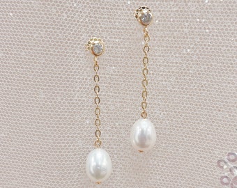 Simple Dangle Pearl Earrings Wedding, Freshwater Pearl Drop Earrings Bridal, Dangly Earrings Wedding, Real Pearl Earrings for Wedding