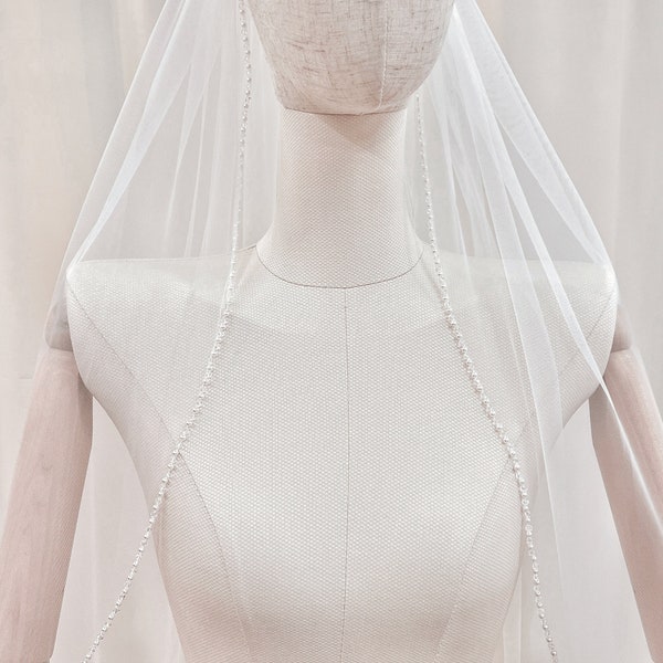 Crystal Pearl Veil, Veil with Pearls and Crystal, Crystal Pearl Edge Veil, Crystal Wedding Veil