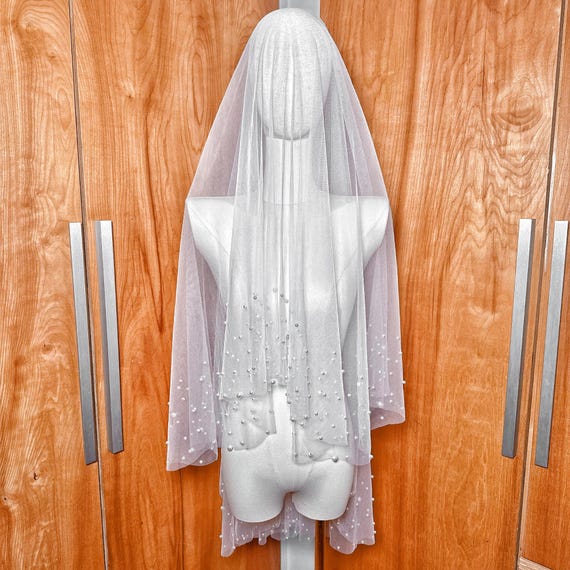 Pearl Wedding Veil With Blusher, Light Ivory Pearl Veil  display picture 1
