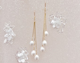 Long Pearl Earrings Wedding, Long Pearl Bridal Earrings, Bride Earrings for Wedding Day Pearls