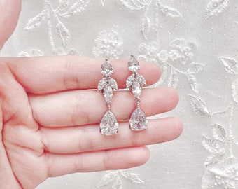 Clip On Wedding Earrings Drop Bridal Earrings Crystal Drop Bridal CZ Earrings Bridal Teardrop Earring Bridal Earring Leaf