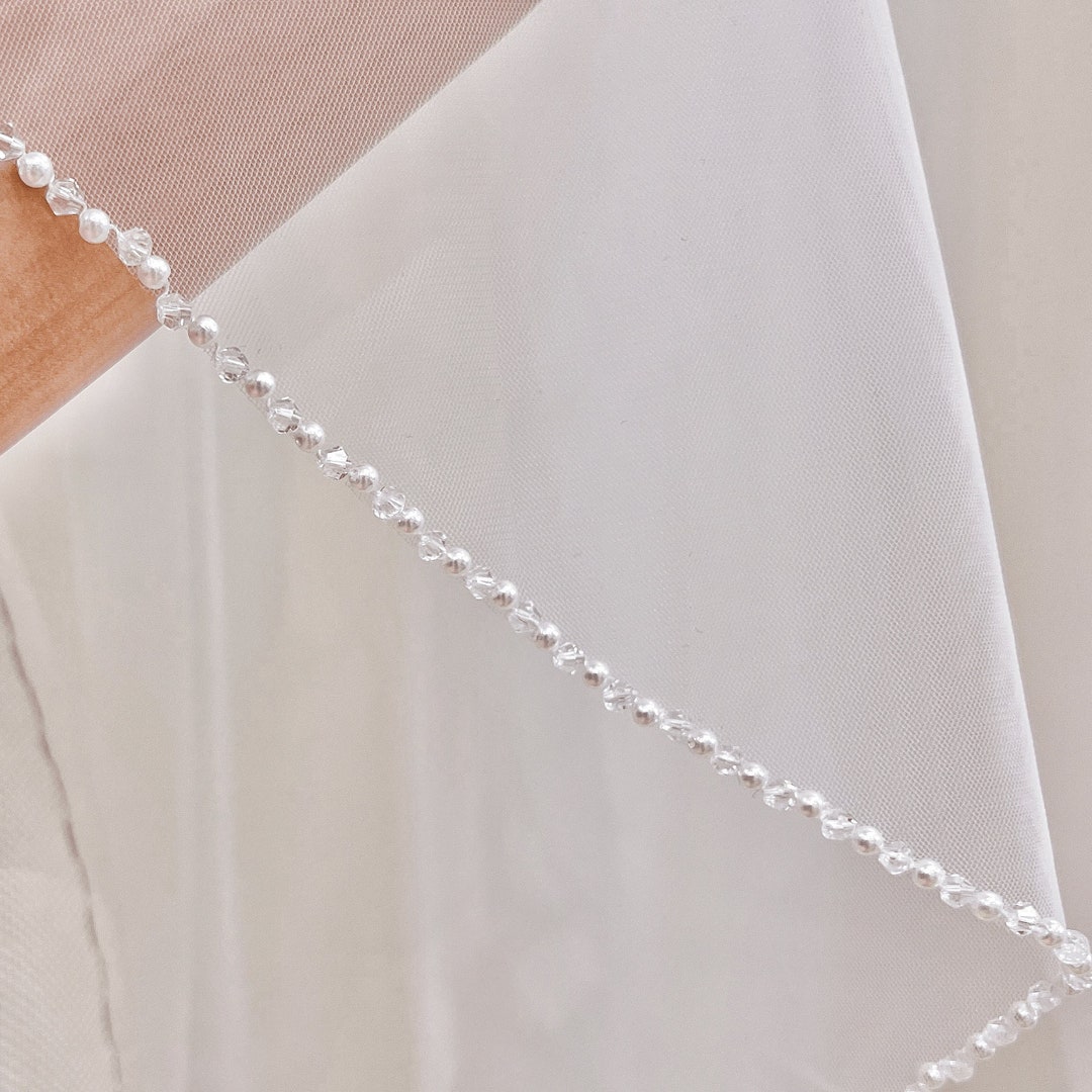 Bridal Veil Pearl Trim, Pearls Trim Veil, Beaded Pearl Trim Veil for