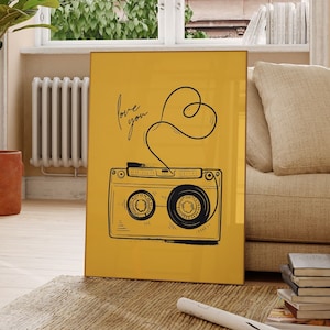 Yellow Retro Cassette Tape Print, Vintage Cassette Yellow Wall Illustration, Retro music poster, Music Poster, Digital Download