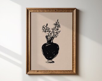 May include: A black and white illustration of a vase with flowers. The vase is a simple, rounded shape with a short neck. The flowers are stylized and have a delicate, flowing design. The background is a light beige color.