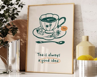Póster retro de té, arte minimalista para la pared de la cocina (descarga digital)