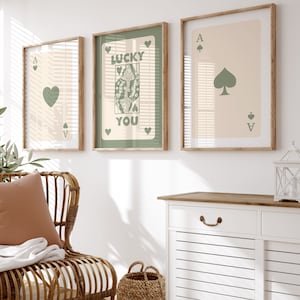 Sage Green Lucky You stampa set di 3, set di arte da parete retrò alla moda, poster di carte Ace verde salvia, stampa estetica retrò, download di poster Lucky You