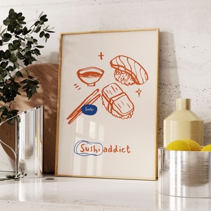 Kitchen Wall Art, Sushi Poster Print, Retro Food Art, Kitchen Decor, Minimalist Food Art, Food Poster, Restaurant Wall Art, Digital Download