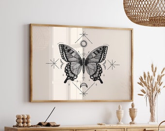 Boho Butterfly Wall Art Print, Celestial Insect Poster (Digital Download)