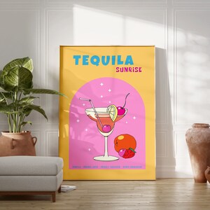 Tequila Sunsire Print, Cocktail Poster, Bar Cart Decor, Retro Kitchen Wall Art, Bar Prints Retro Art, Bar Cart Decor, Digital Download